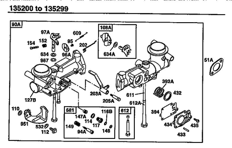 Carburetor Assembly Diagram and Parts List for 135200-135299 0001-0013 Briggs and Stratton Engine